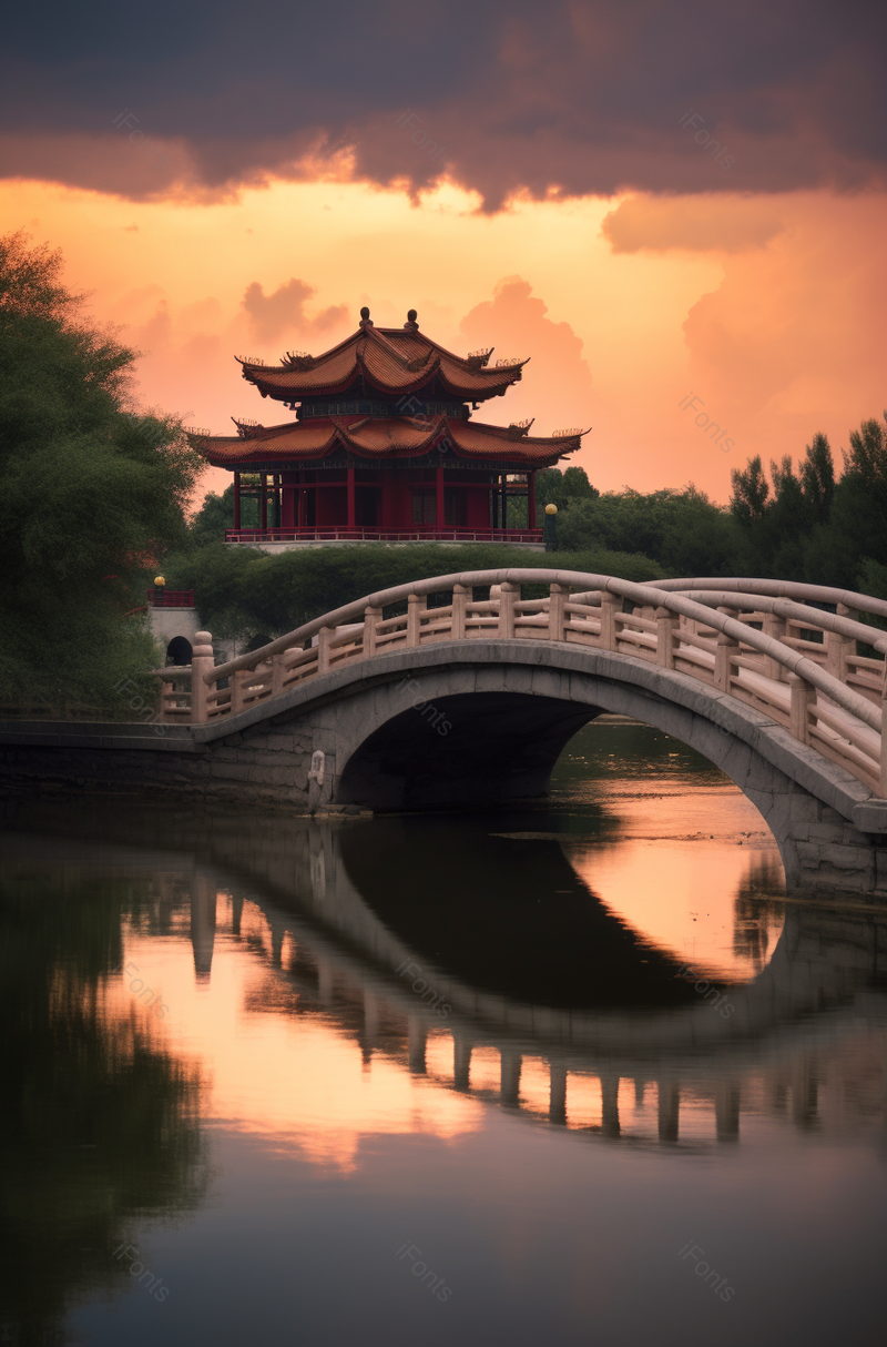 夕阳余晖拱桥古建湿地湖面,高清,摄影图,摄影图片,图片大全,摄影图免费下载